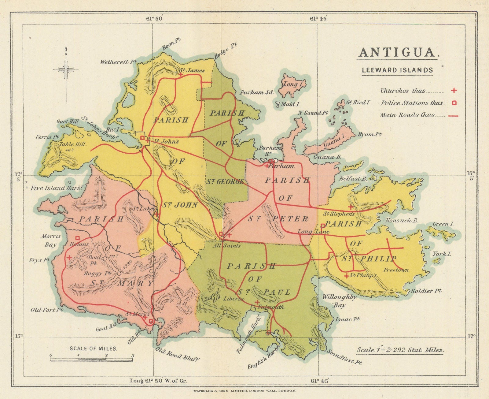 Antigua, Leeward Islands by Waterlow & Sons. Police stations & churches 1919 map
